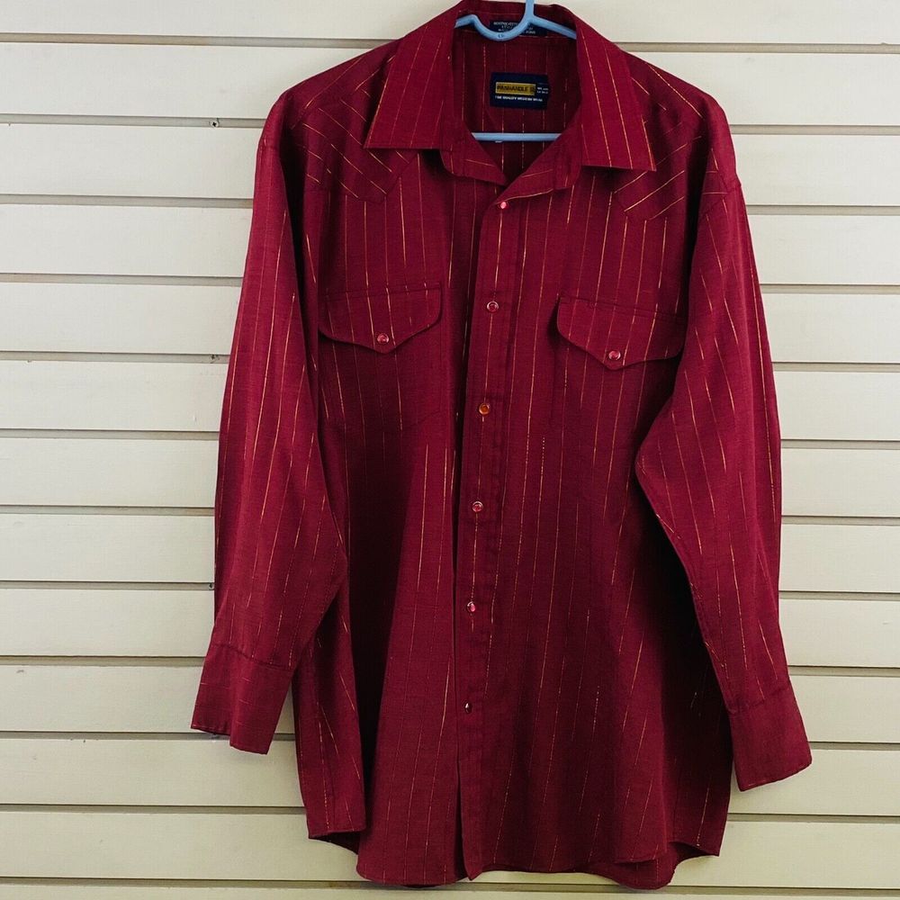 Vintage Mens 17-34 Panhandle Slim Western Snap Shirt Maroon Metallic Gold Stripe
